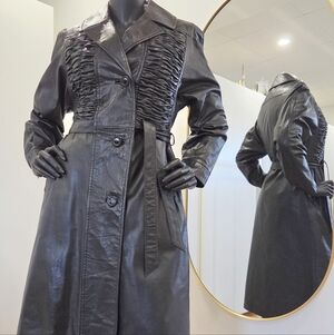 Sterling Stall Black Leather Coat – Ruched Front – Made in Canada – Fits Small